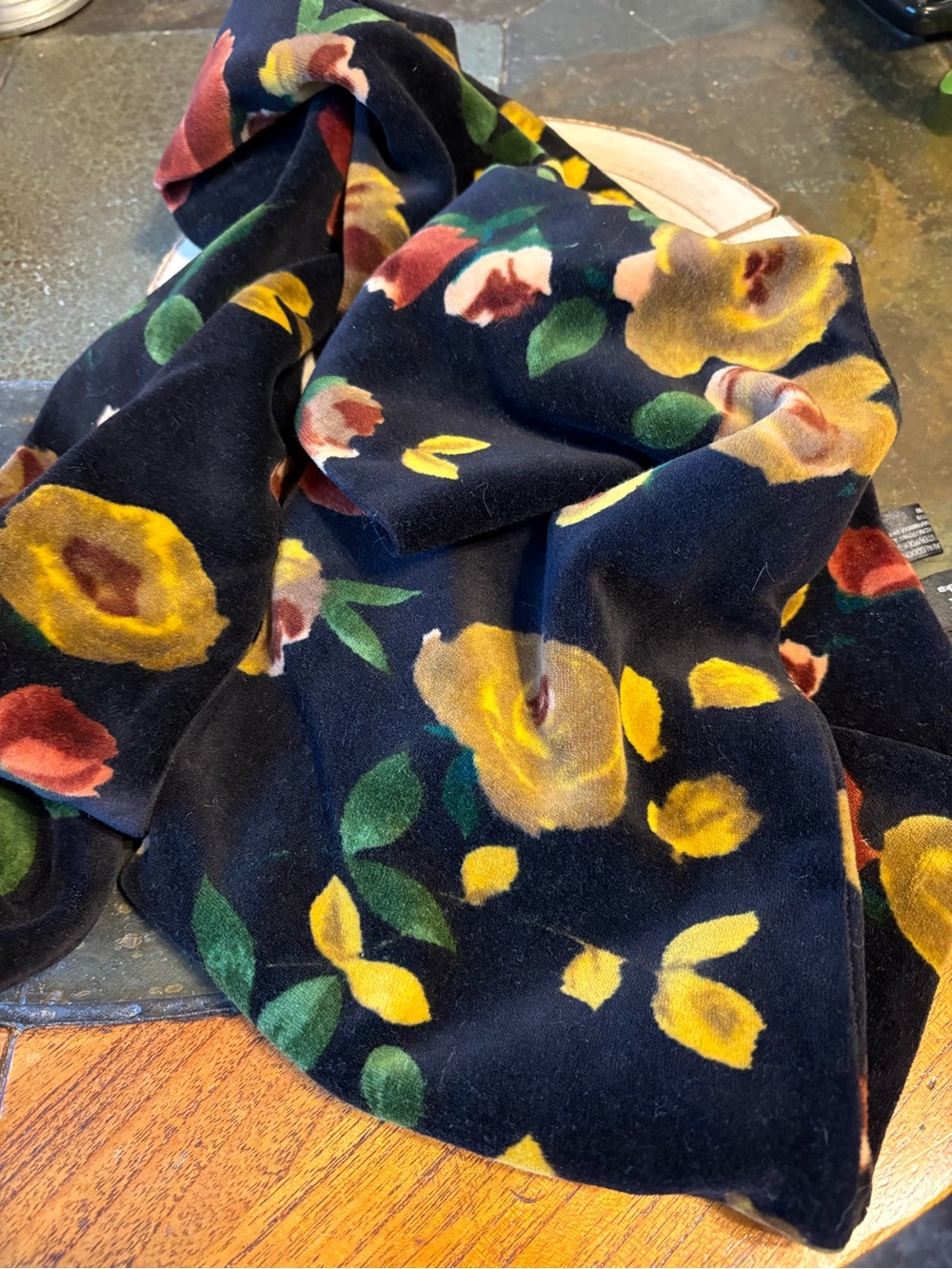 Floral Velvet Scarf in Black with Yellow & Green Accents made in India.